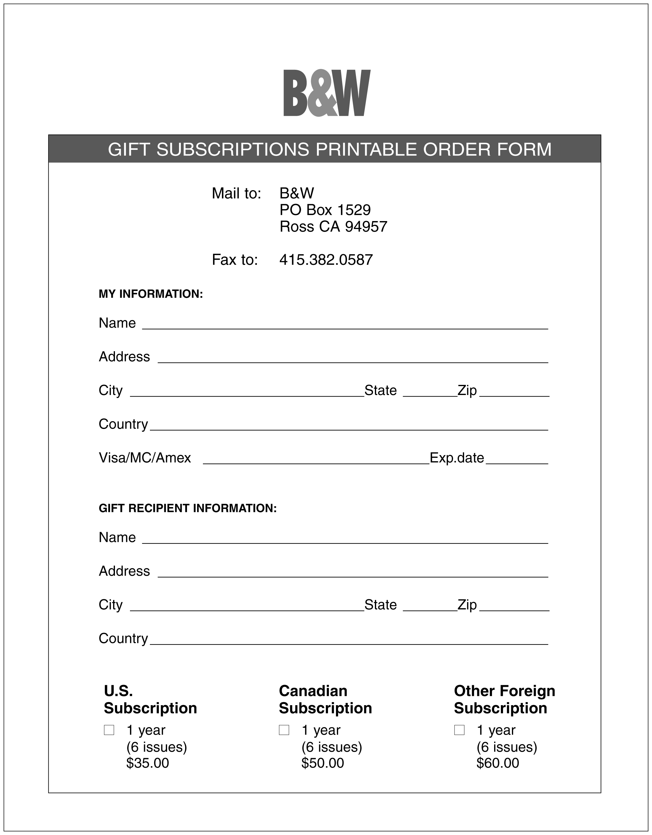 Black & White Gift Subscription Order Form